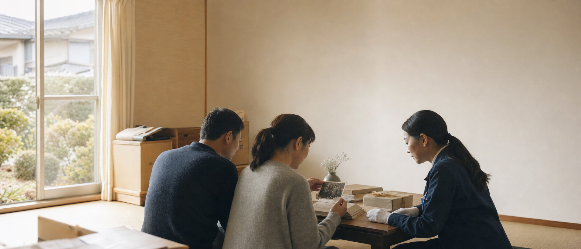 整理後の住まいで家族とスタッフが思い出の品を確認している写真